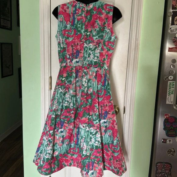 Talbots Pleated Floral Printed Watercolor A-Line Dress. Pink & Green Size 4 - Picture 2 of 7